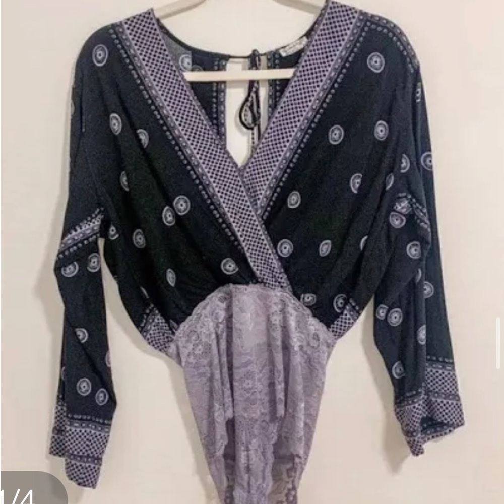 Free People V Neck Lace Bottom Boho Bodysuit